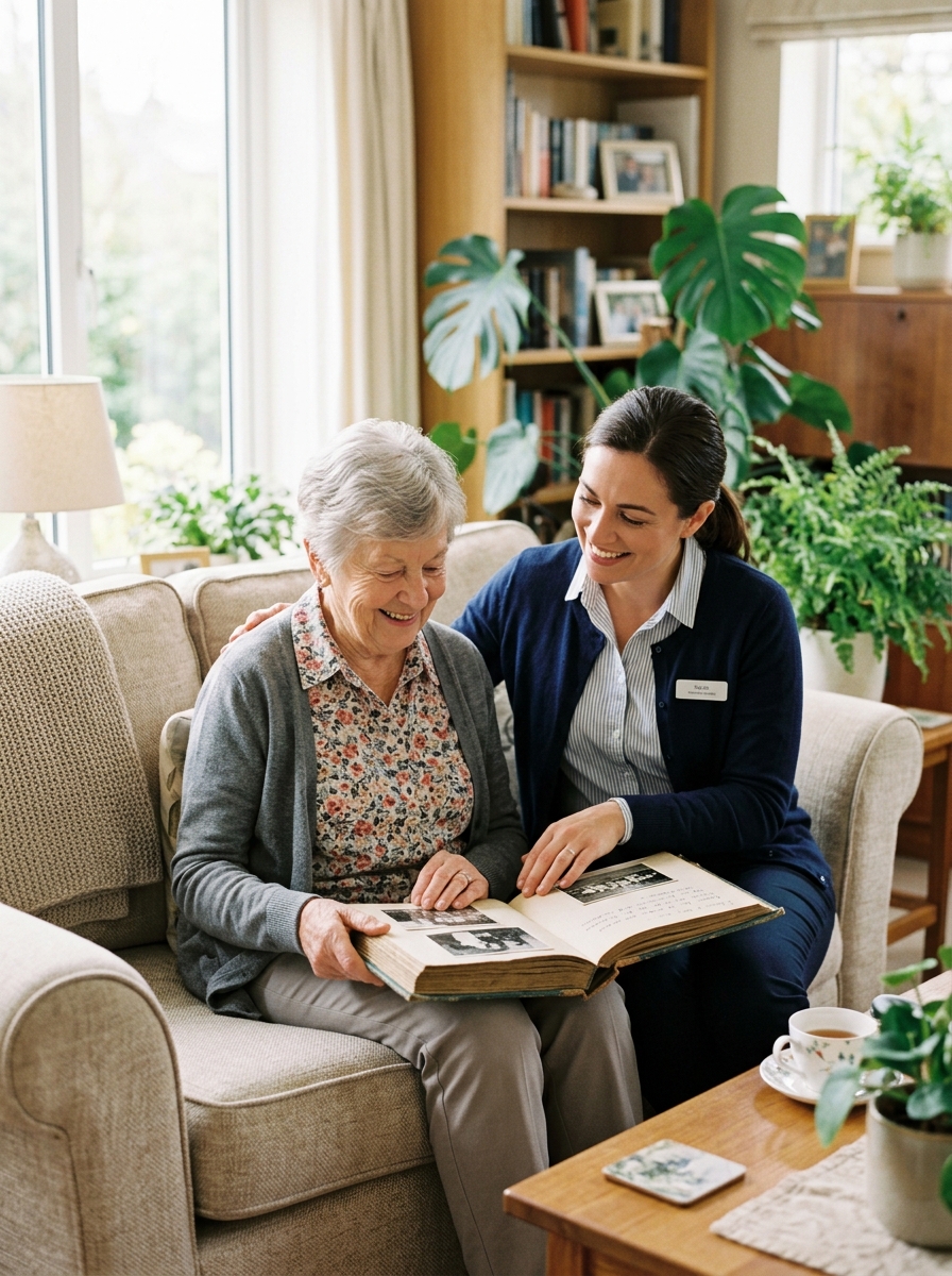 Pflegerin betreut Seniorin liebevoll im Wohnzimmer